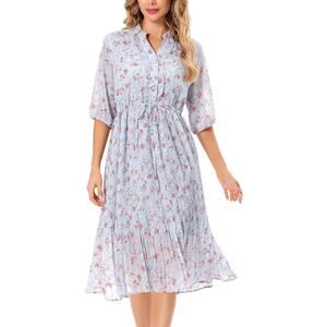 Floral Dress Sz M Coastal Cowgirl Modest Sheer Sleeve Ruffle Blue Pink Floral